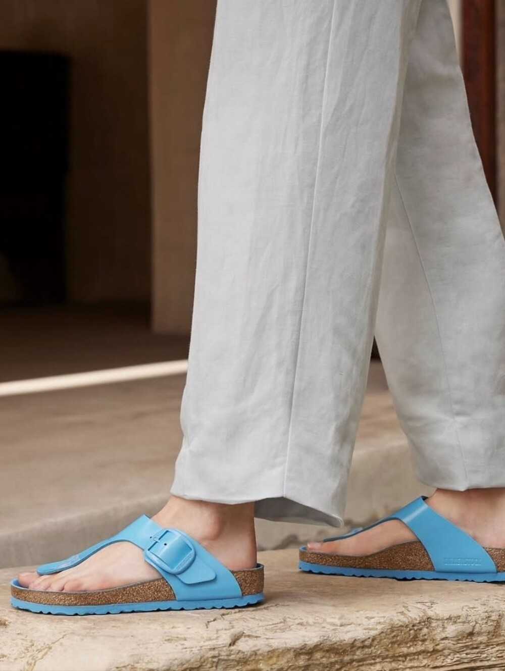 Birkenstock Gizeh Big Buckle Patent Leather Sandal in High Shine Sky Blue